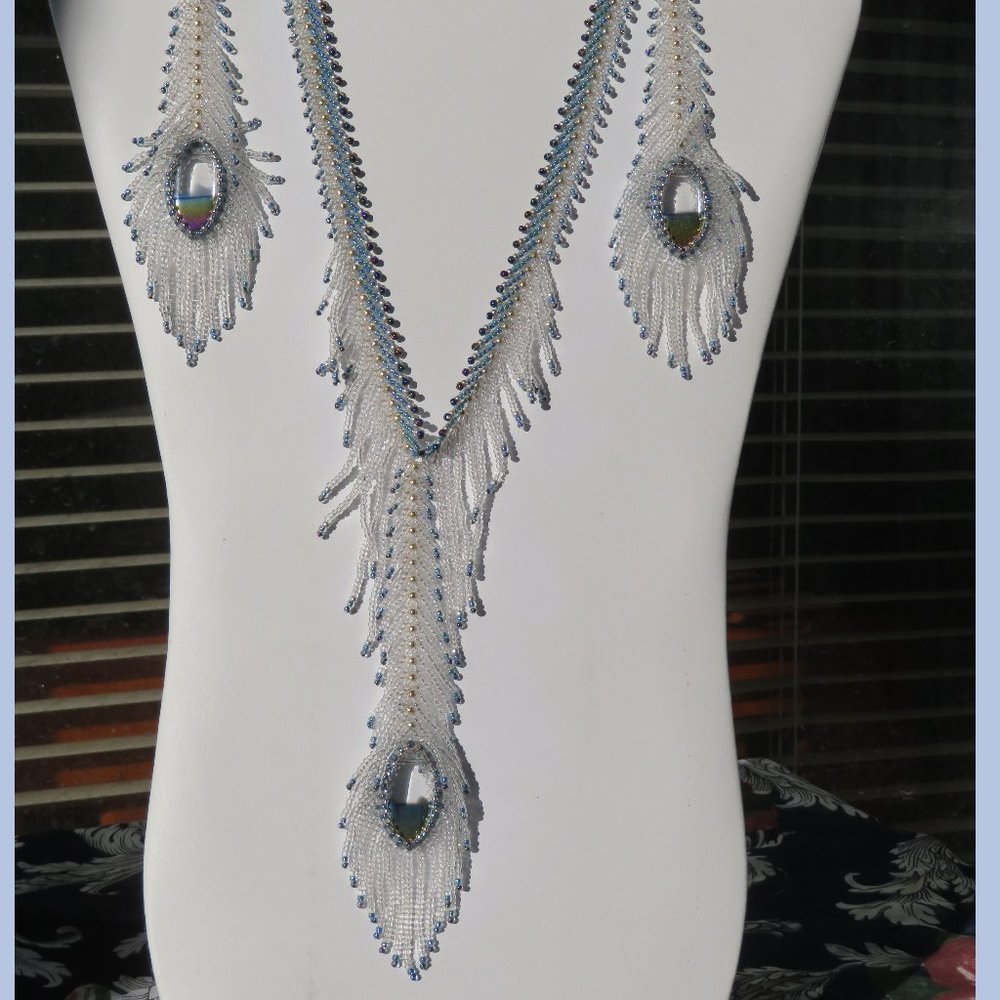 Icy Peacock Feather necklace earring set